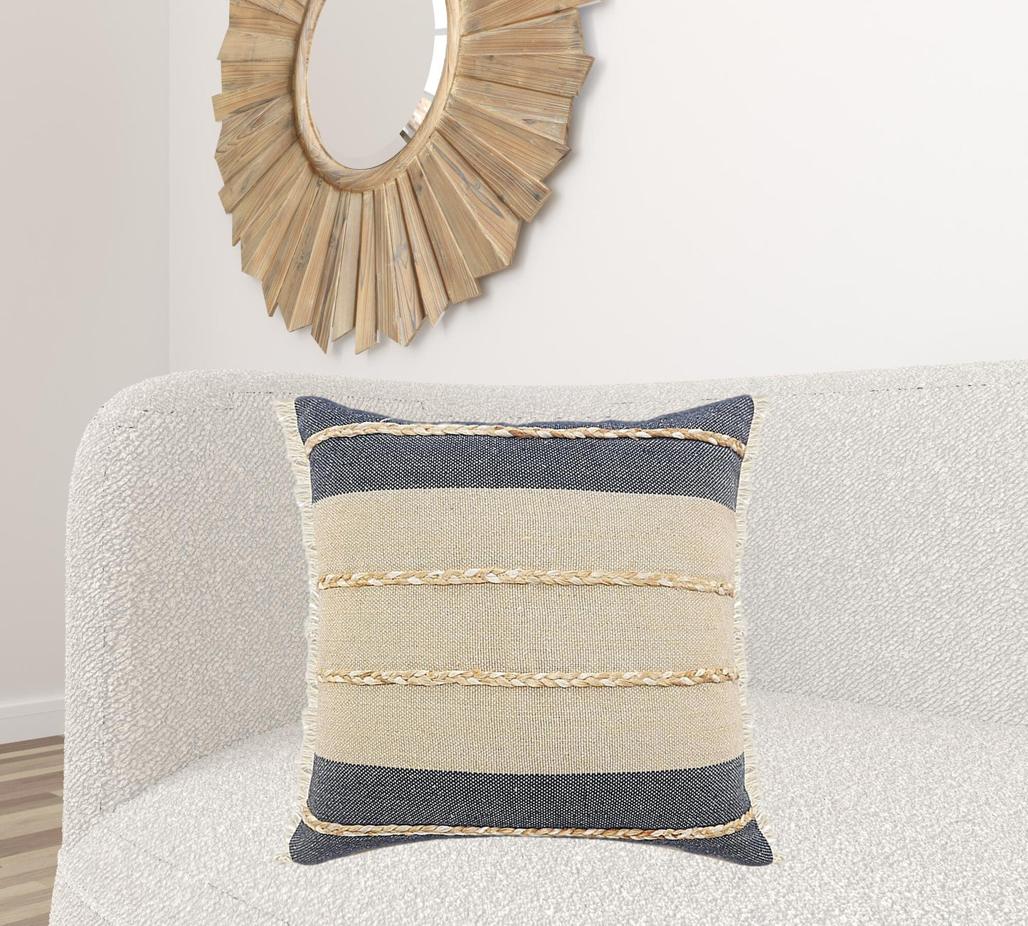 24" X 24" Denim Blue Tan And Taupe Jute Coastal Zippered Pillow - Galactic capuchin