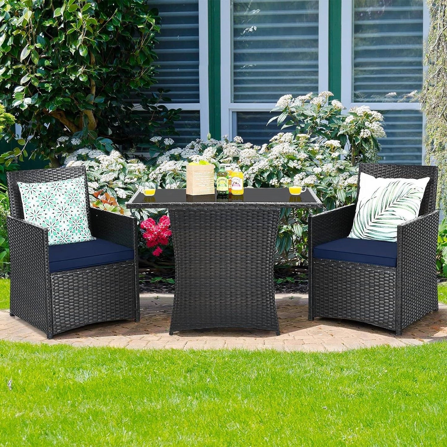 3 - Piece Patio Furniture Outdoor Dining Set Brown PE Rattan Navy Blue Cushions - Galactic capuchin