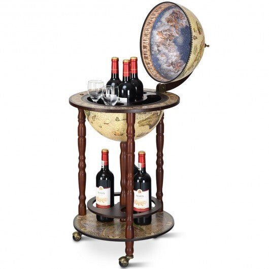 17 Inch Italian Style Design Wooden Globe Liquor Bottle Wine Rack with Wheels - Galactic capuchin