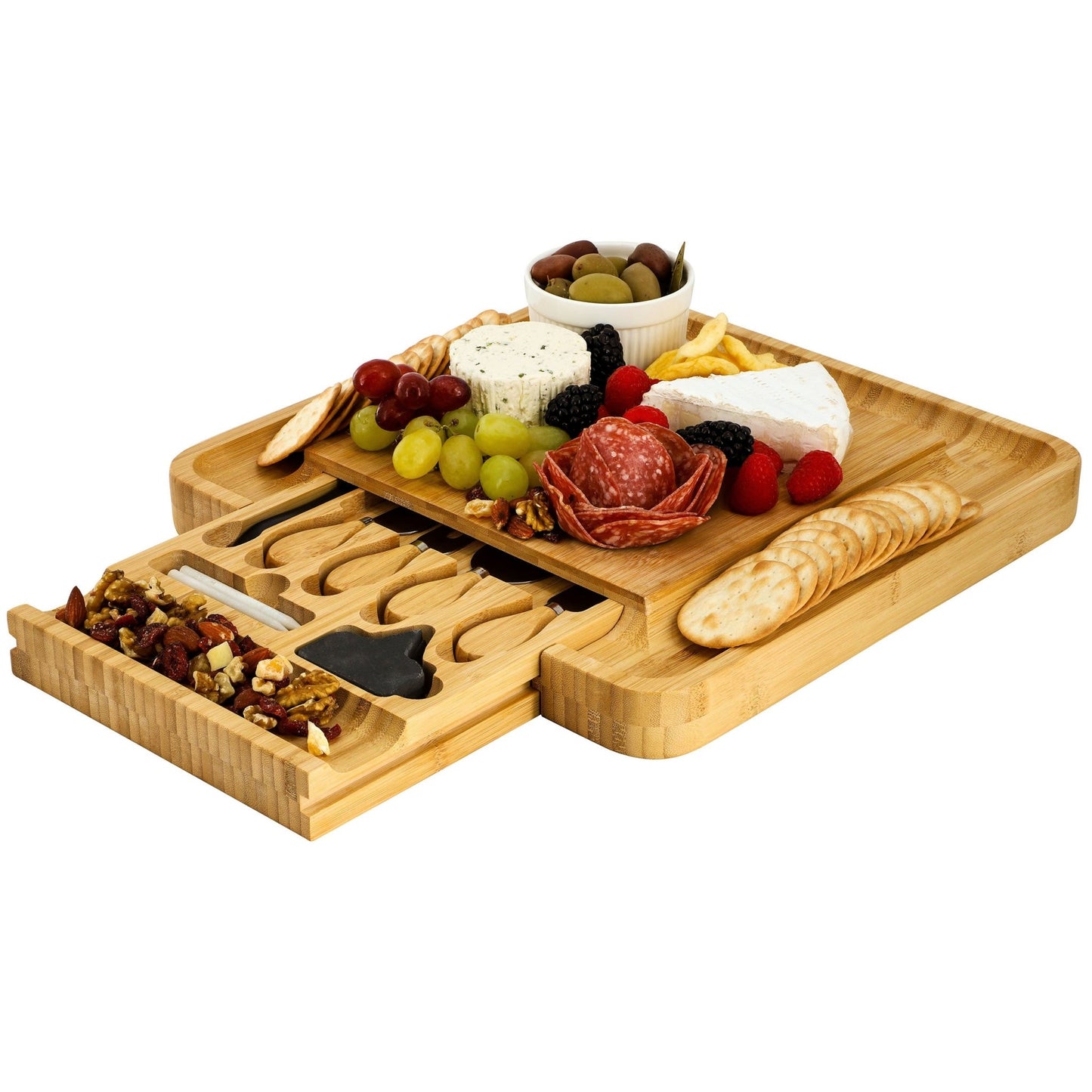 MegaChef Bamboo Charcuterie Cheese Board with Slide Out Drawer with Cheese Utensils, Bottle Opener, and 3 Piece Mini Chalkboard Set - Galactic capuchin