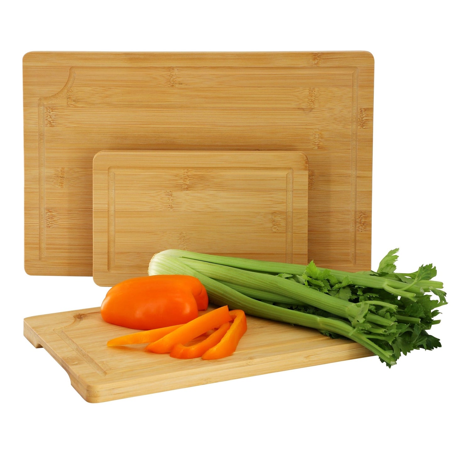 MegaChef 3 Piece 9 Inch, 12 Inch, and 15 Inch Bamboo Wood Cutting Board Set with Juice Grooves - Galactic capuchin