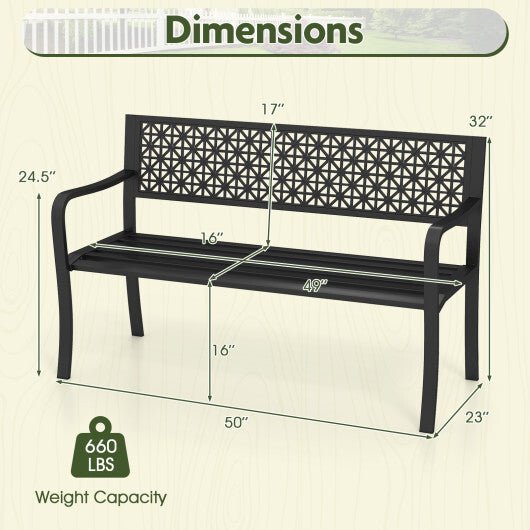 50 Inch Garden Bench with Patterned Backrest and Curved Armrests for 2 - 3 Person - Black - Galactic capuchin
