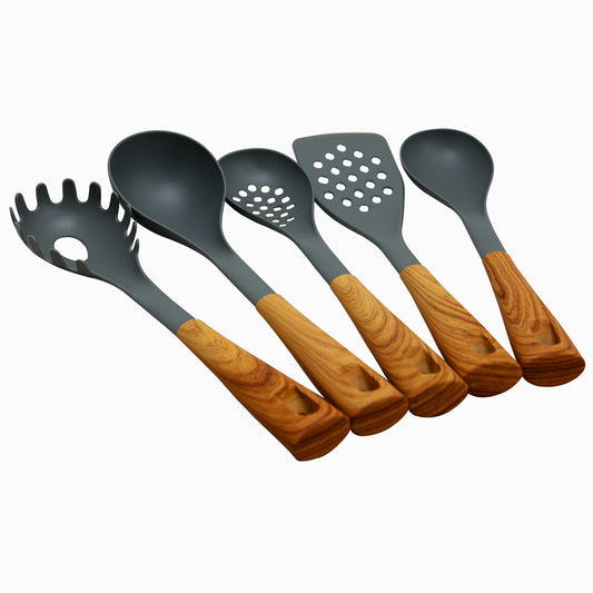 Oster Everwood Kitchen Nylon Tools Set with Wood Inspired Handles, Set of 5 - Galactic capuchin