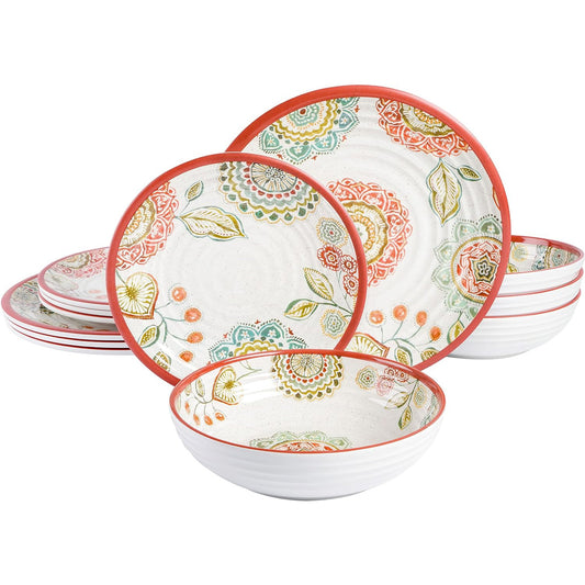 Laurie Gates Brick Floral Ripple 12 Piece Melamine Dinnerware Set in Red - Galactic capuchin