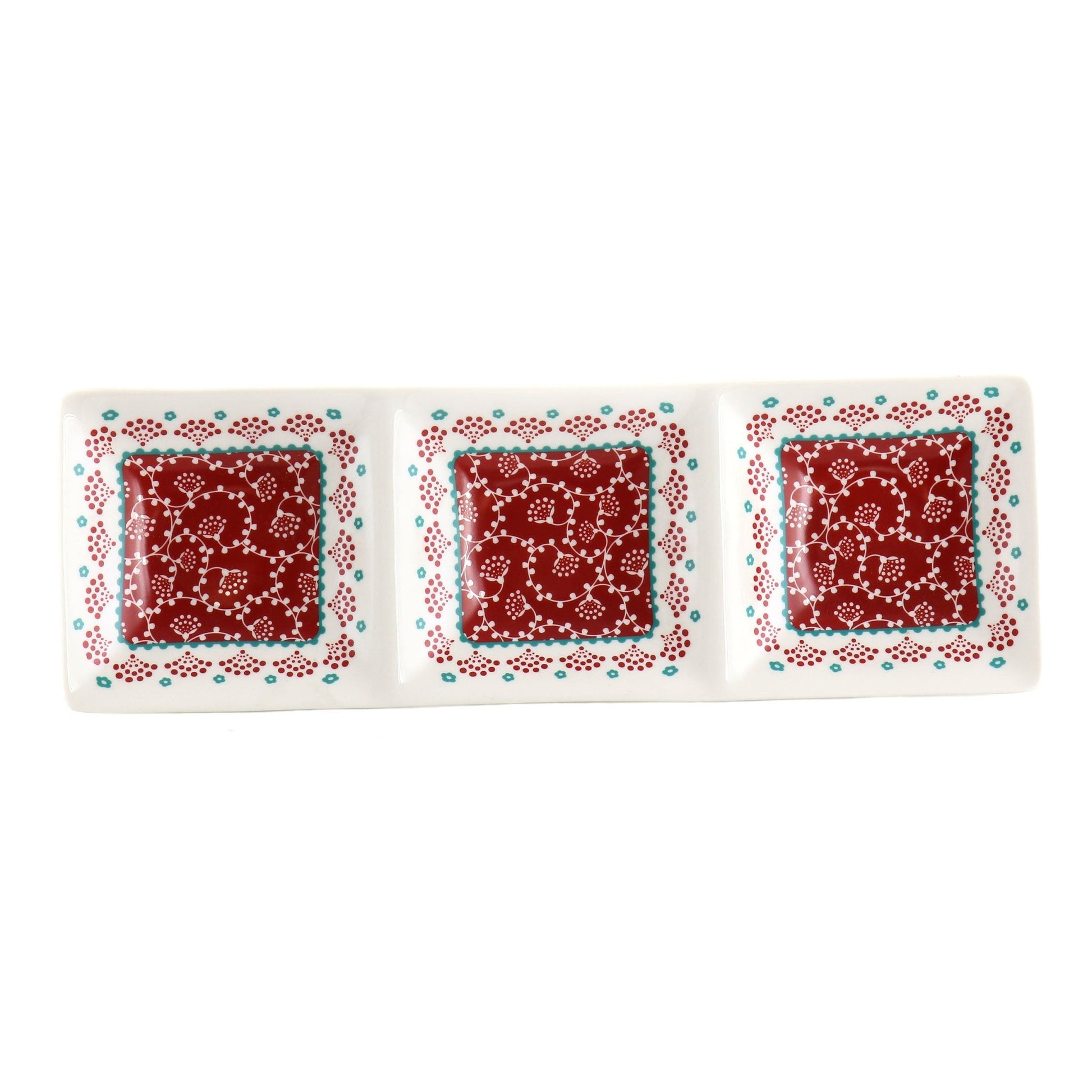 Gibson Home Village Vines 13.5 Inch Ceramic Rectangular 3 Section Tray in Red - Galactic capuchin