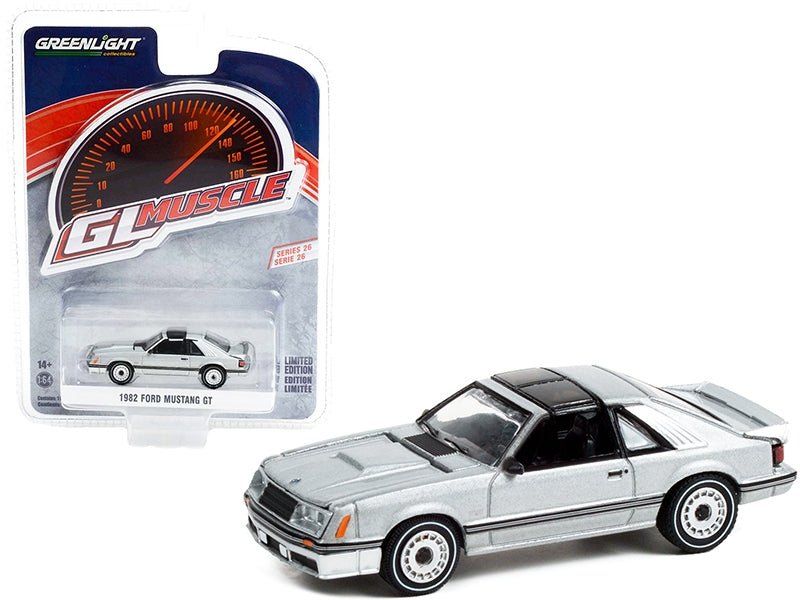 1982 Ford Mustang GT 5.0 Silver Metallic with Black Stripes "Greenlight Muscle" Series 26 1/64 Diecast Model Car by Greenlight - Galactic capuchin