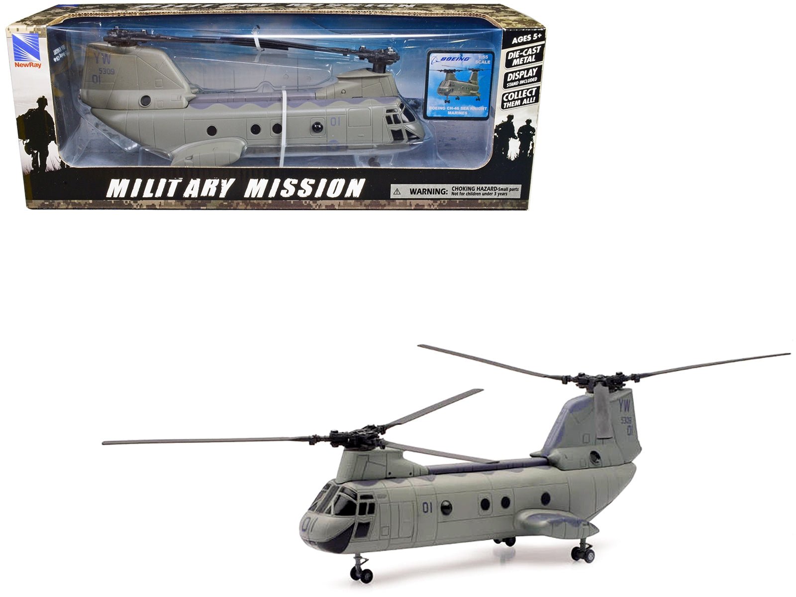 Boeing CH - 46 Sea Knight Helicopter Olive Drab "United States Marines" "Military Mission" Series 1/55 Diecast Model by New Ray - Galactic capuchin