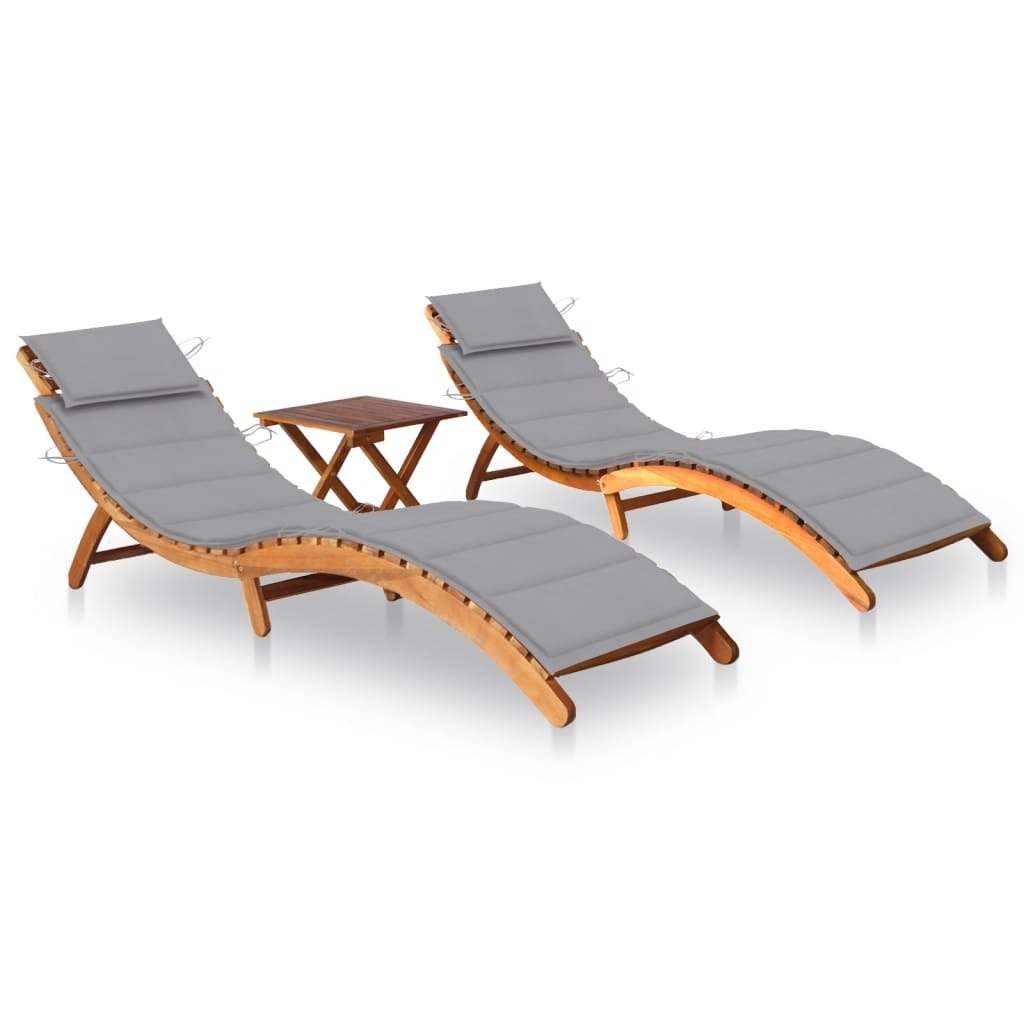 Sun Loungers 2 pcs with Table and Cushions Solid Acacia Wood - Galactic capuchin