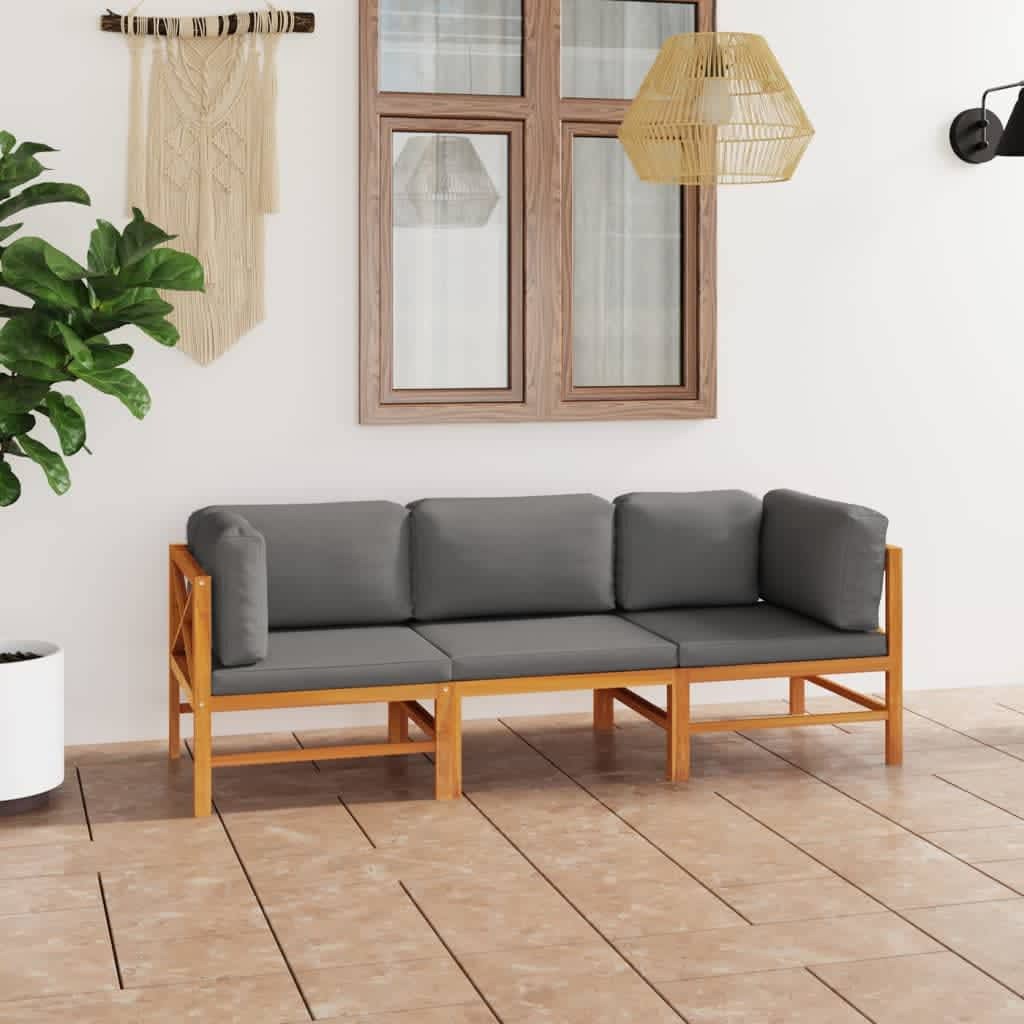 3-Seater Patio Sofa with Gray Cushions Solid Teak Wood - Galactic capuchin