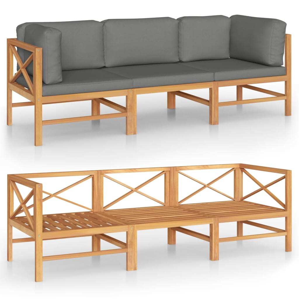 3-Seater Patio Sofa with Gray Cushions Solid Teak Wood - Galactic capuchin