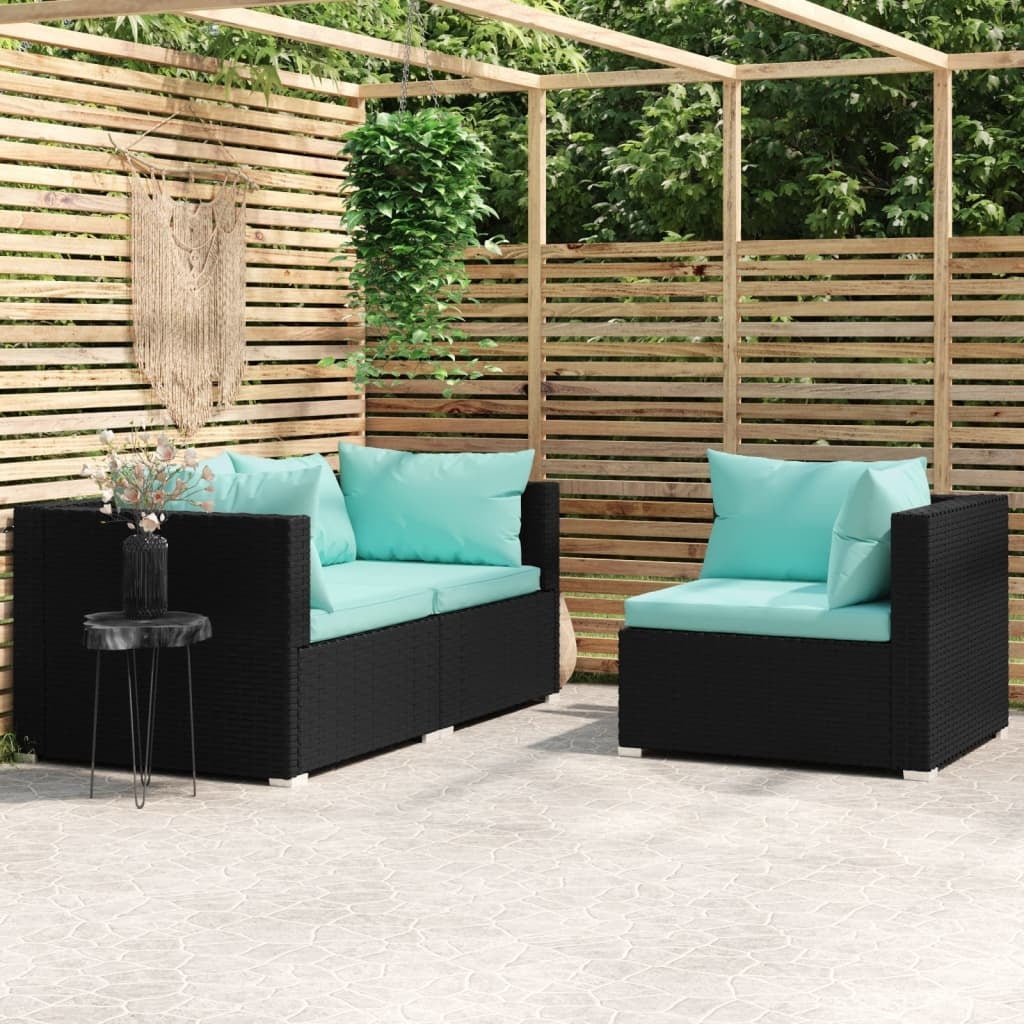 3 Piece Patio Lounge Set with Cushions Black Poly Rattan - Galactic capuchin