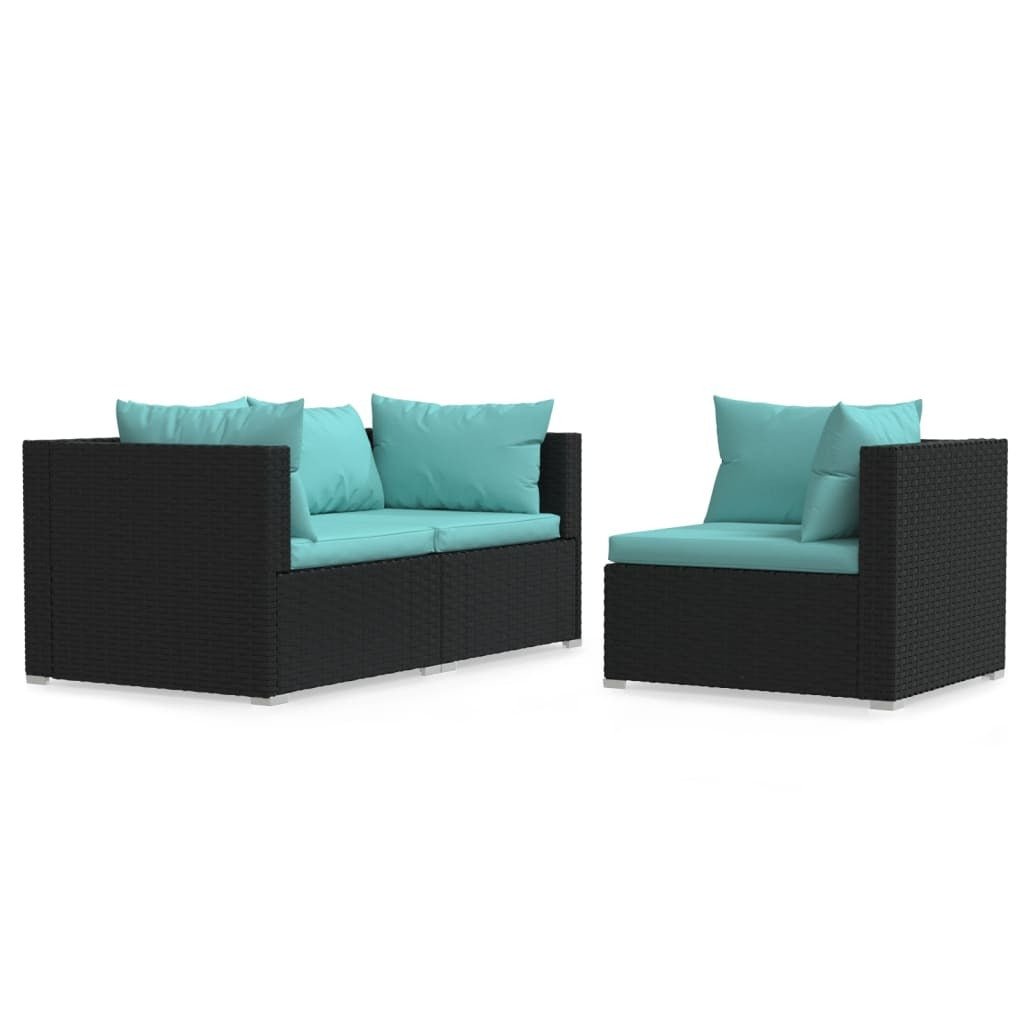 3 Piece Patio Lounge Set with Cushions Black Poly Rattan - Galactic capuchin