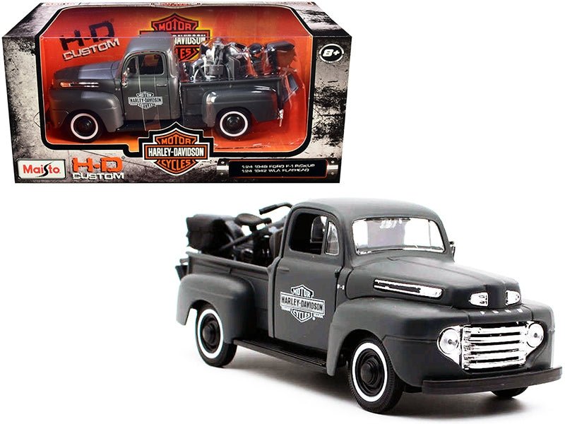 1948 Ford F - 1 Pickup Truck and 1942 Harley - Davidson WLA Flathead Motorcycle Matt Dark Gray "Harley - Davidson Custom" 1/24 Diecast Models by Maisto - Galactic capuchin
