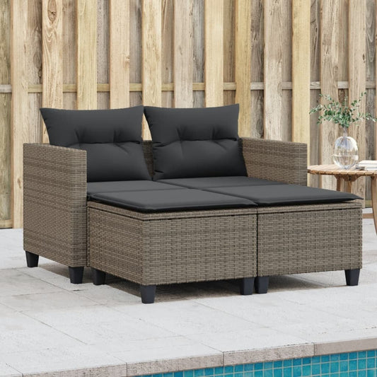 Patio Sofa 2-Seater with Stools Gray Poly Rattan - Galactic capuchin