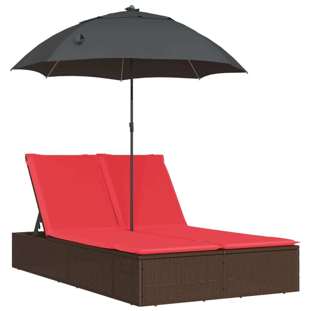Double Sun Lounger with Cushions&Parasol Brown Poly Rattan - Galactic capuchin