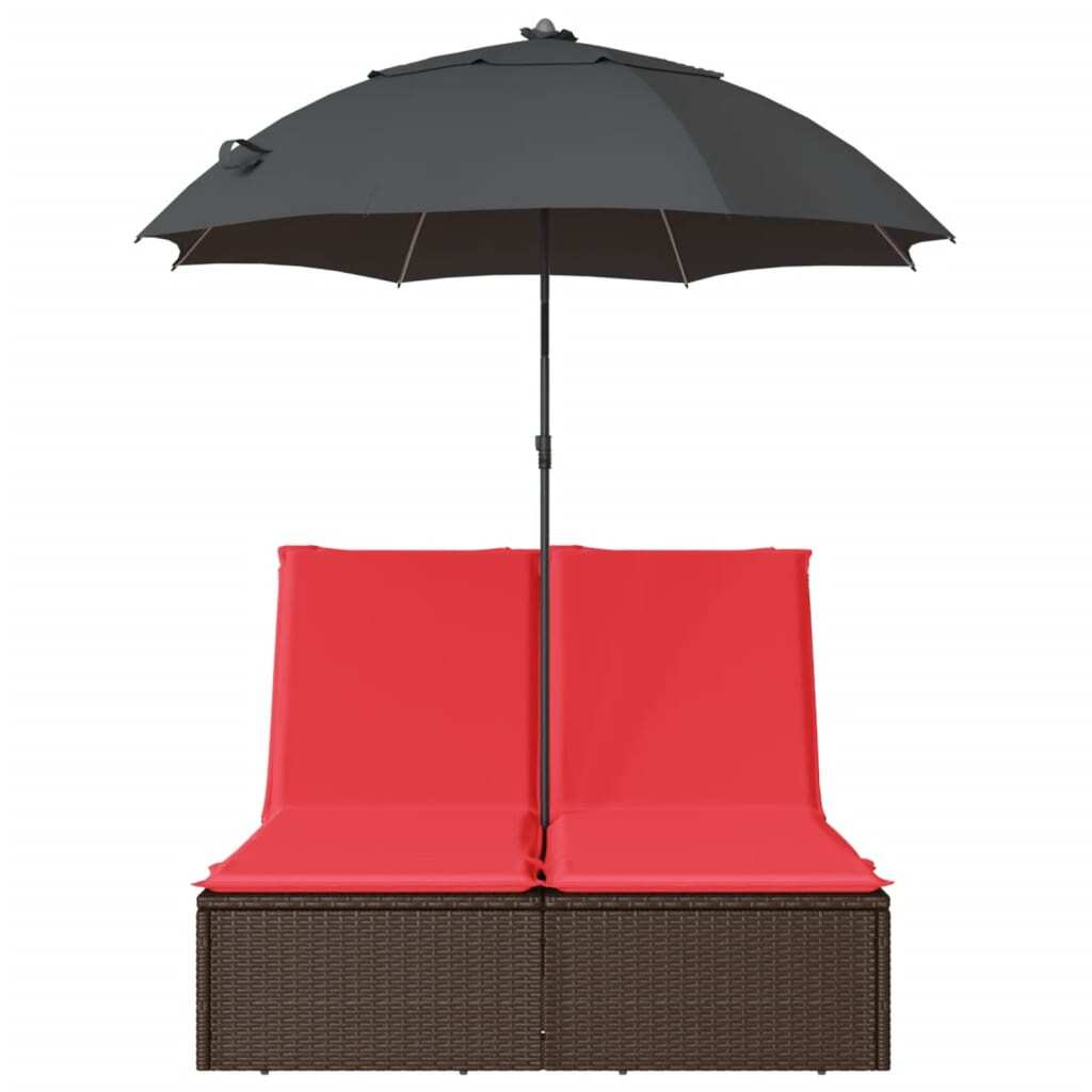 Double Sun Lounger with Cushions&Parasol Brown Poly Rattan - Galactic capuchin