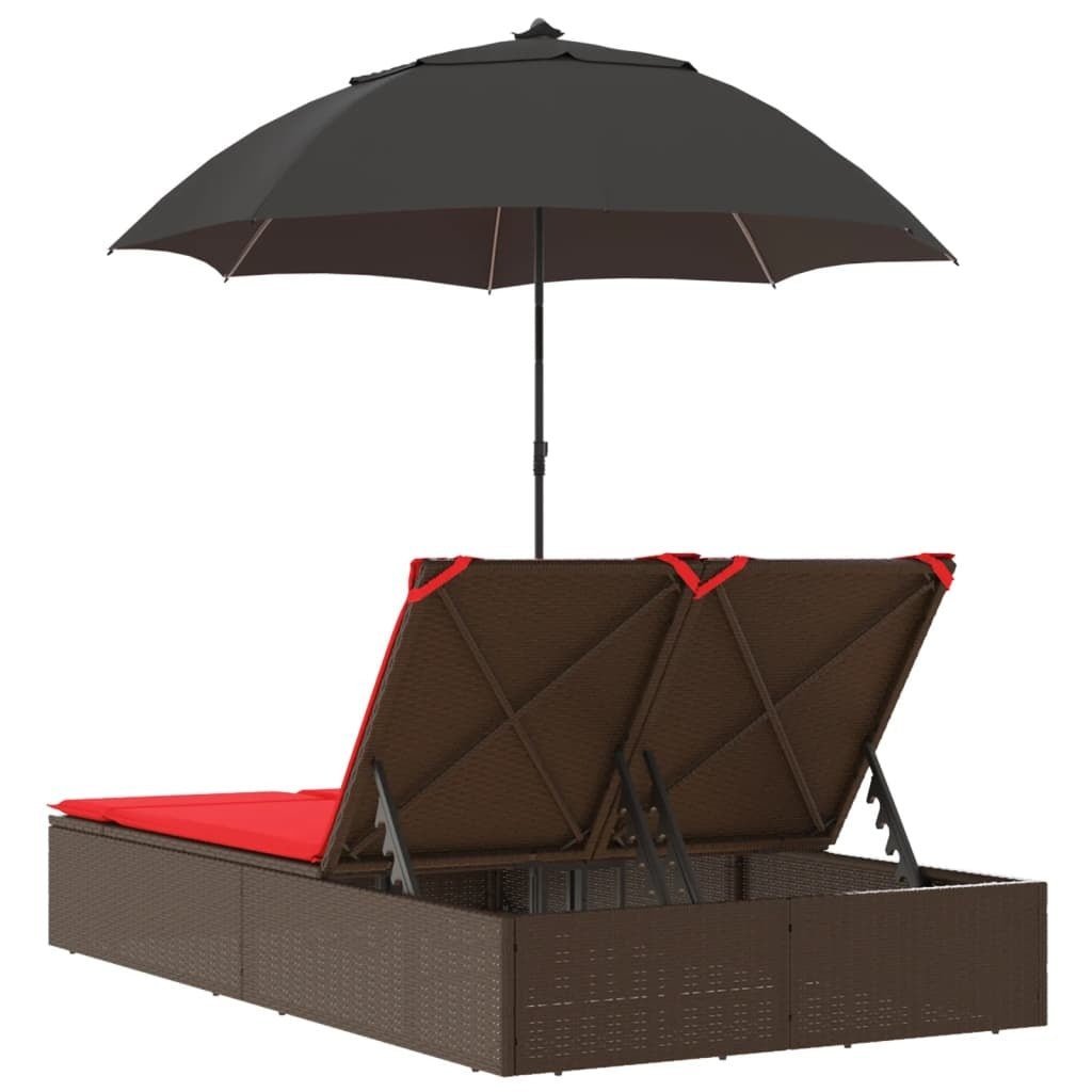 Double Sun Lounger with Cushions&Parasol Brown Poly Rattan - Galactic capuchin