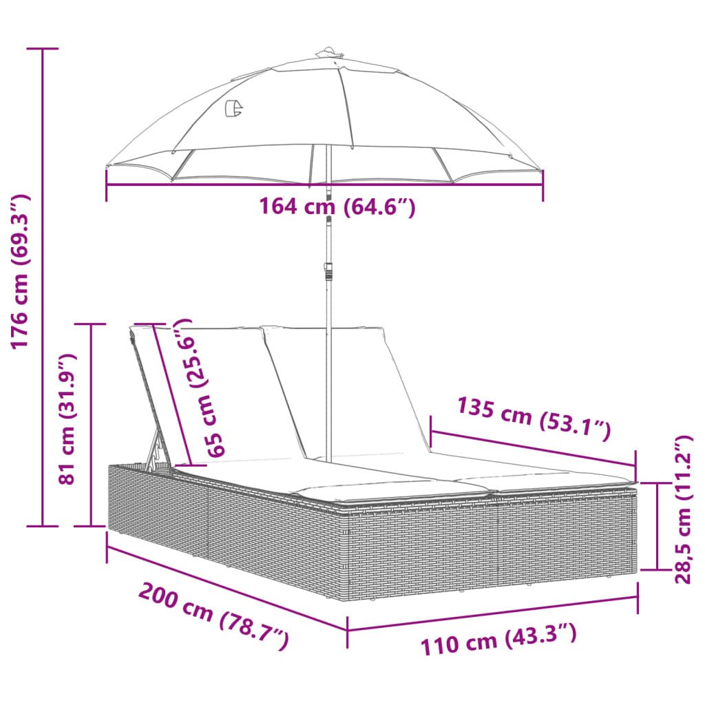 Double Sun Lounger with Cushions&Parasol Brown Poly Rattan - Galactic capuchin