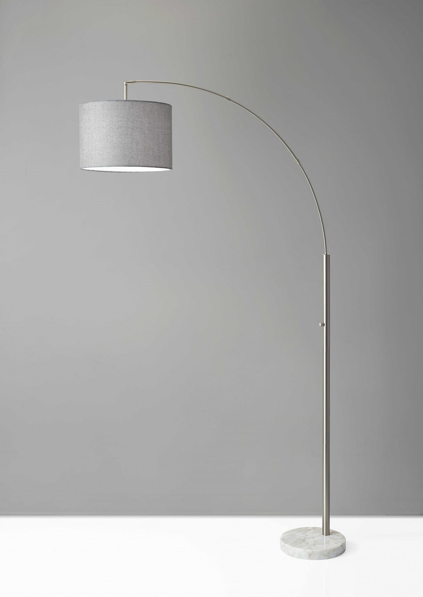 Reading Nook Floor Lamp Brushed Steel Arc Arm Adjustable Grey Fabric Shade - Galactic capuchin