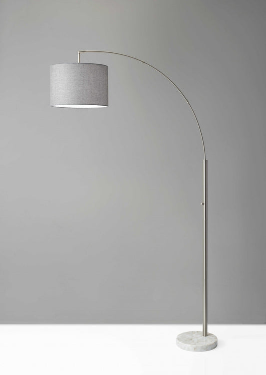Reading Nook Floor Lamp Brushed Steel Arc Arm Adjustable Grey Fabric Shade - Galactic capuchin