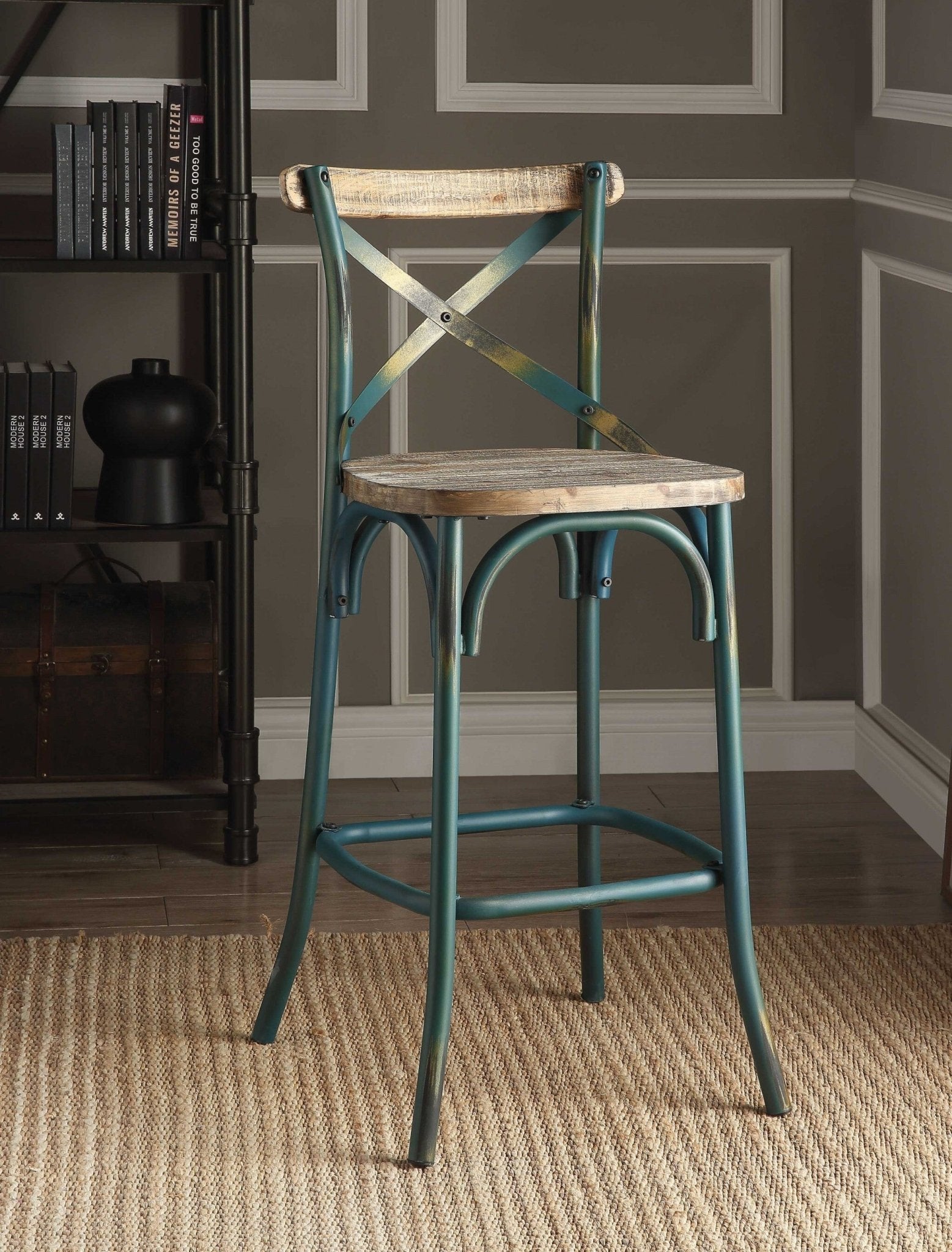 21" Brown And Turquoise Solid Wood And Metal Bar Chair - Galactic capuchin