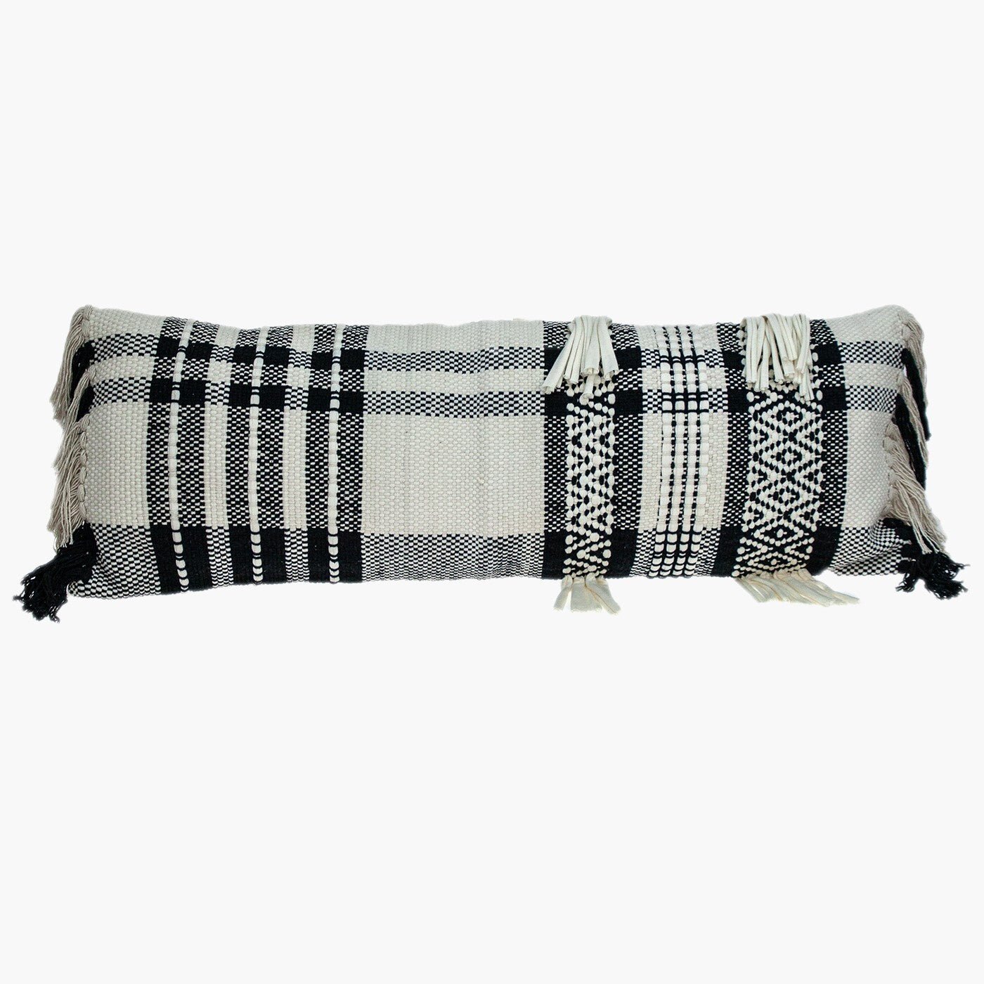 12" X 35" Black and White Plaid Cotton Lumbar Throw Pillow With Fringe - Galactic capuchin