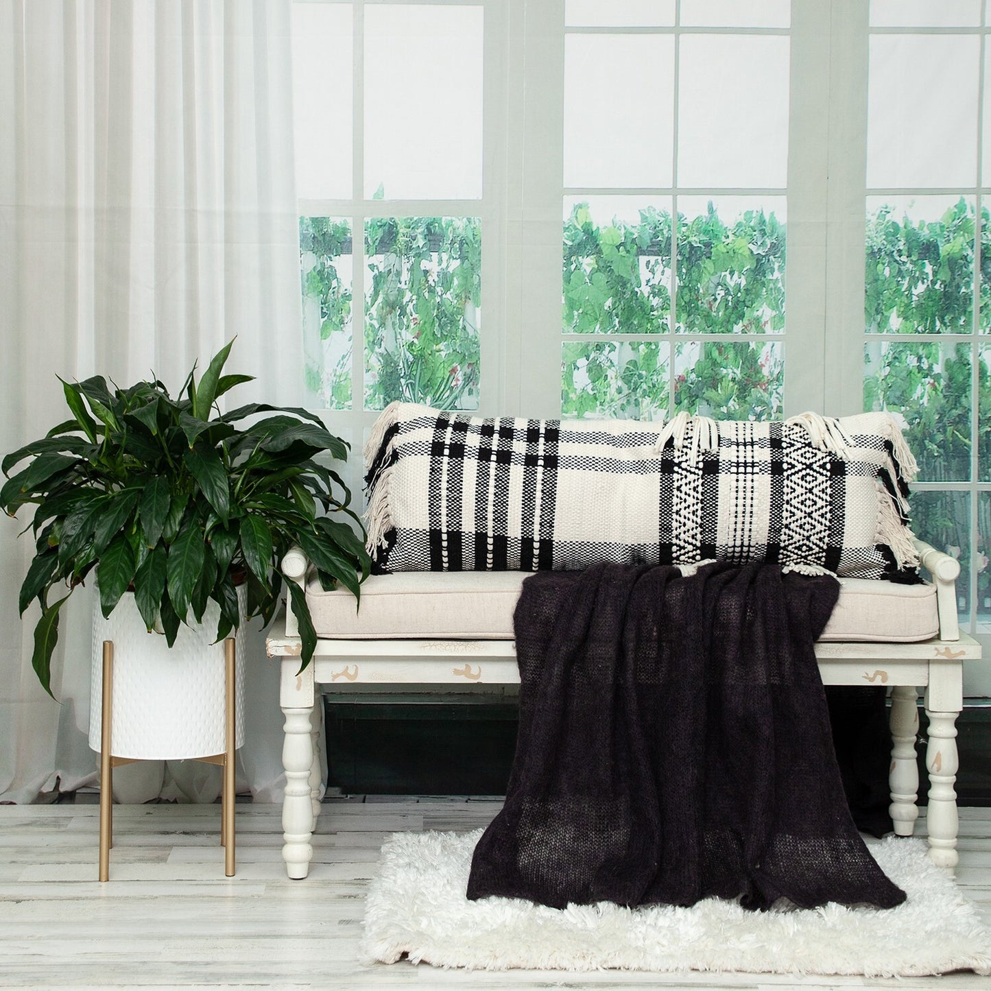 12" X 35" Black and White Plaid Cotton Lumbar Throw Pillow With Fringe - Galactic capuchin