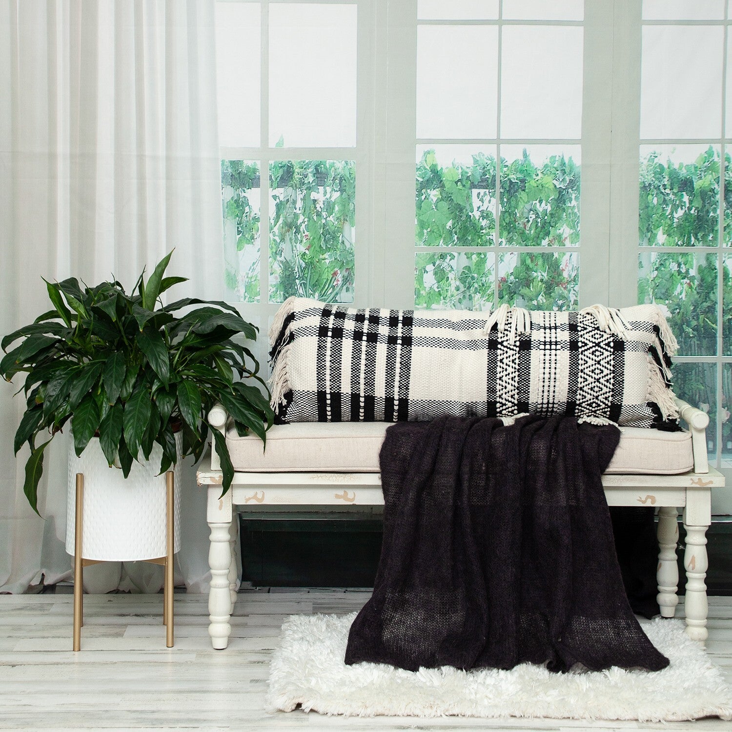 12" X 35" Black and White Plaid Cotton Lumbar Throw Pillow With Fringe - Galactic capuchin
