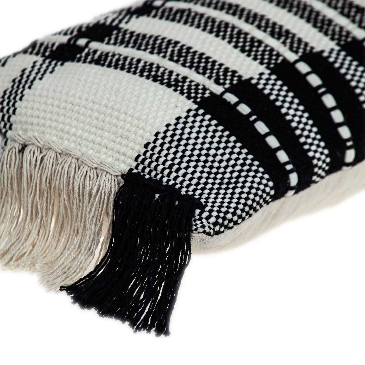 12" X 35" Black and White Plaid Cotton Lumbar Throw Pillow With Fringe - Galactic capuchin