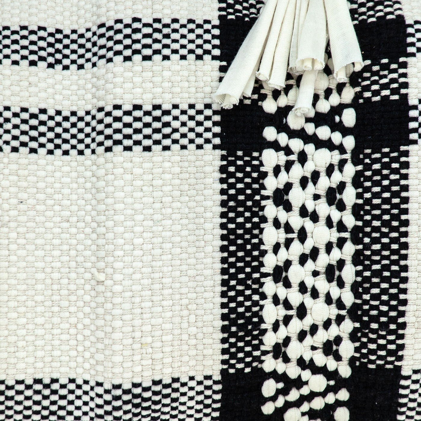 12" X 35" Black and White Plaid Cotton Lumbar Throw Pillow With Fringe - Galactic capuchin