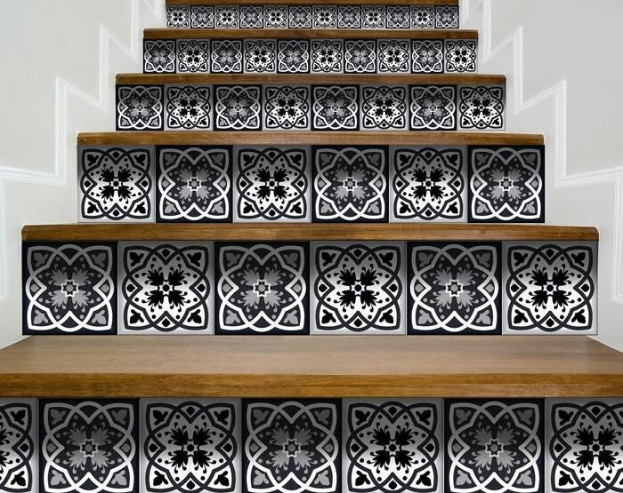 8" X 8" Black White And Gray Baz Peel And Stick Removable Tiles - Galactic capuchin