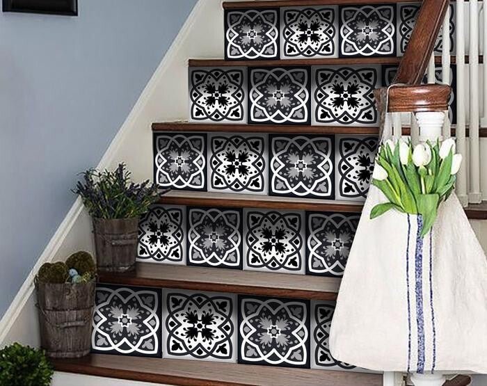 8" X 8" Black White And Gray Baz Peel And Stick Removable Tiles - Galactic capuchin