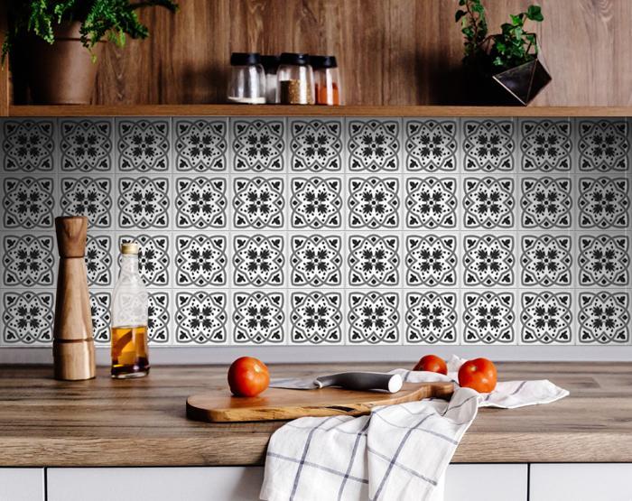 4" X 4" Charcoal And White Scroll Peel And Stick Removable Tiles - Galactic capuchin