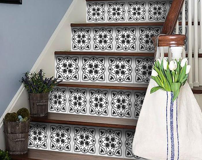4" X 4" Charcoal And White Scroll Peel And Stick Removable Tiles - Galactic capuchin