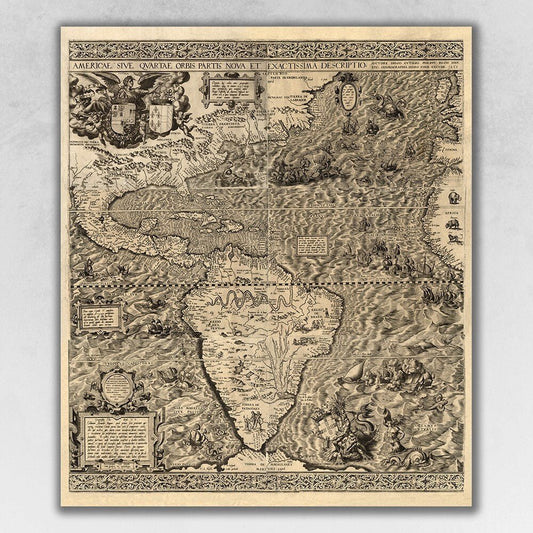 Vintage 1598 Map Of The Americas Unframed Print Wall Art - Galactic capuchin