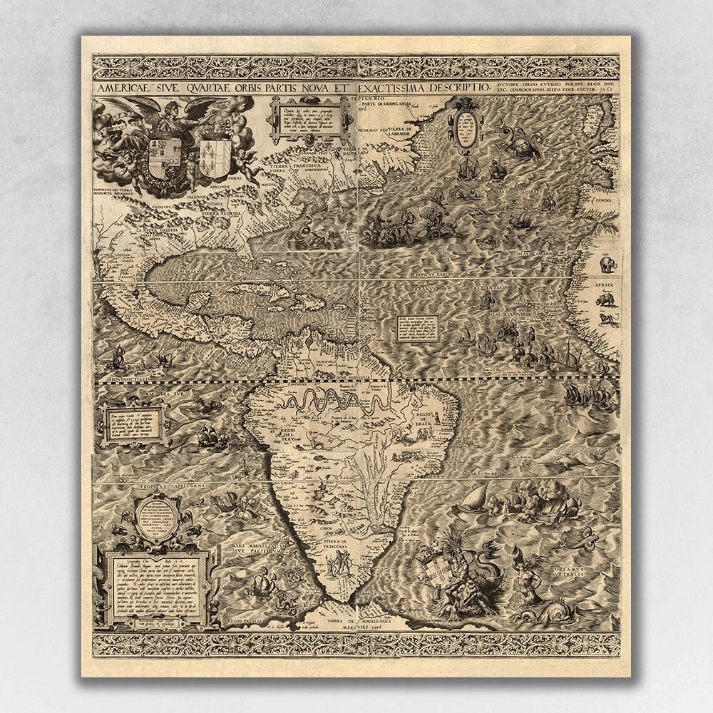 Vintage 1598 Map Of The Americas Unframed Print Wall Art - Galactic capuchin