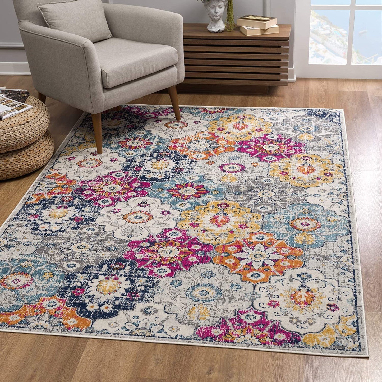 4' X 6' Blue and Ivory Floral Area Rug - Galactic capuchin