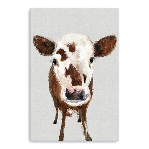 36" x 24" Brown and White Baby Cow Face Canvas Wall Art - Galactic capuchin
