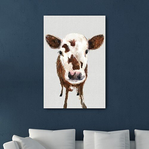 36" x 24" Brown and White Baby Cow Face Canvas Wall Art - Galactic capuchin