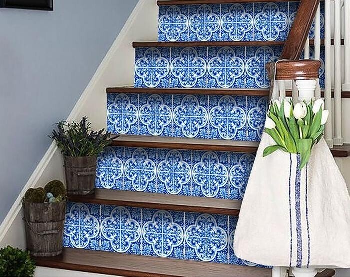 7" X 7" Blue and White Cross Peel And Stick Tiles - Galactic capuchin