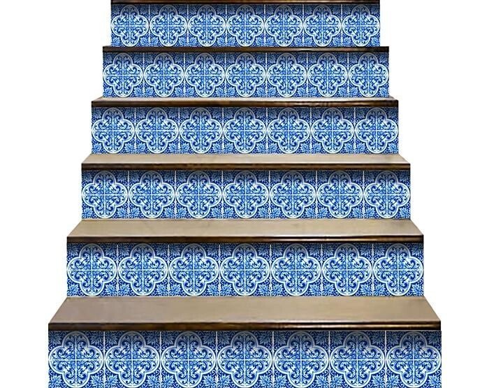 7" X 7" Blue and White Cross Peel And Stick Tiles - Galactic capuchin