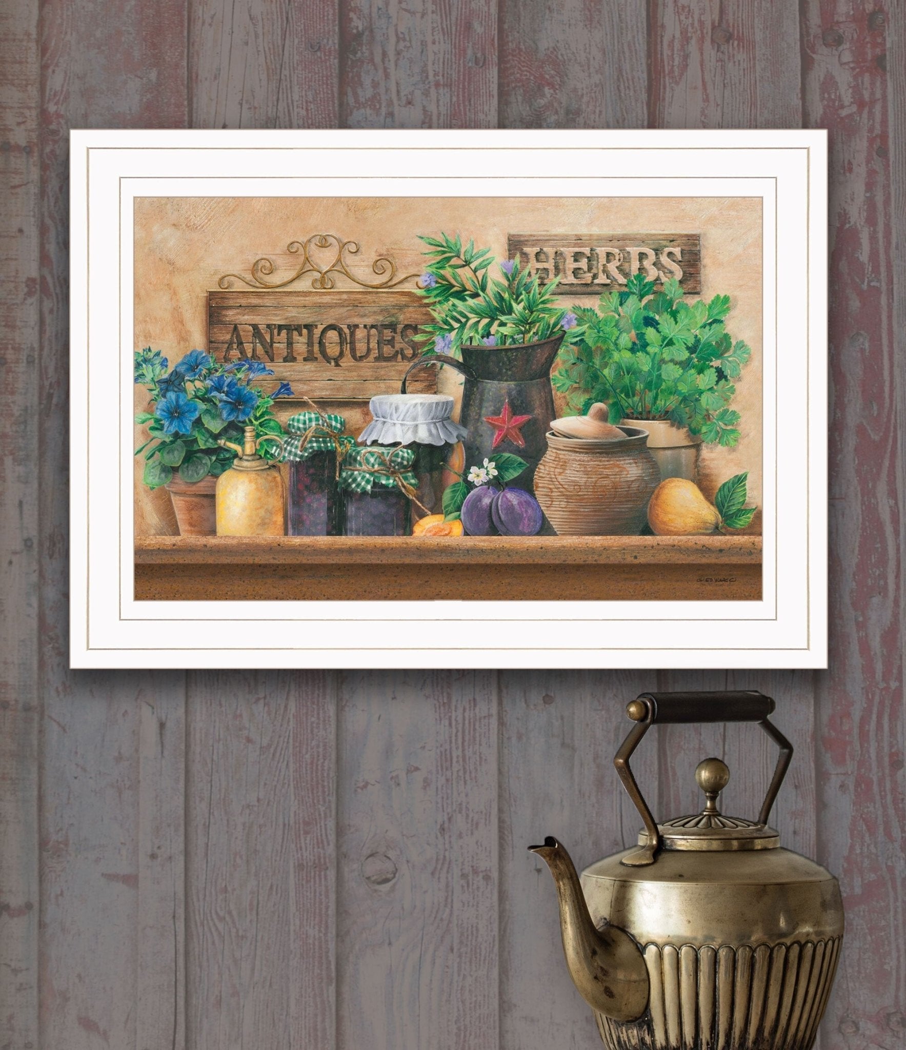Antiques and Herbs 1 White Framed Print Kitchen Wall Art - Galactic capuchin
