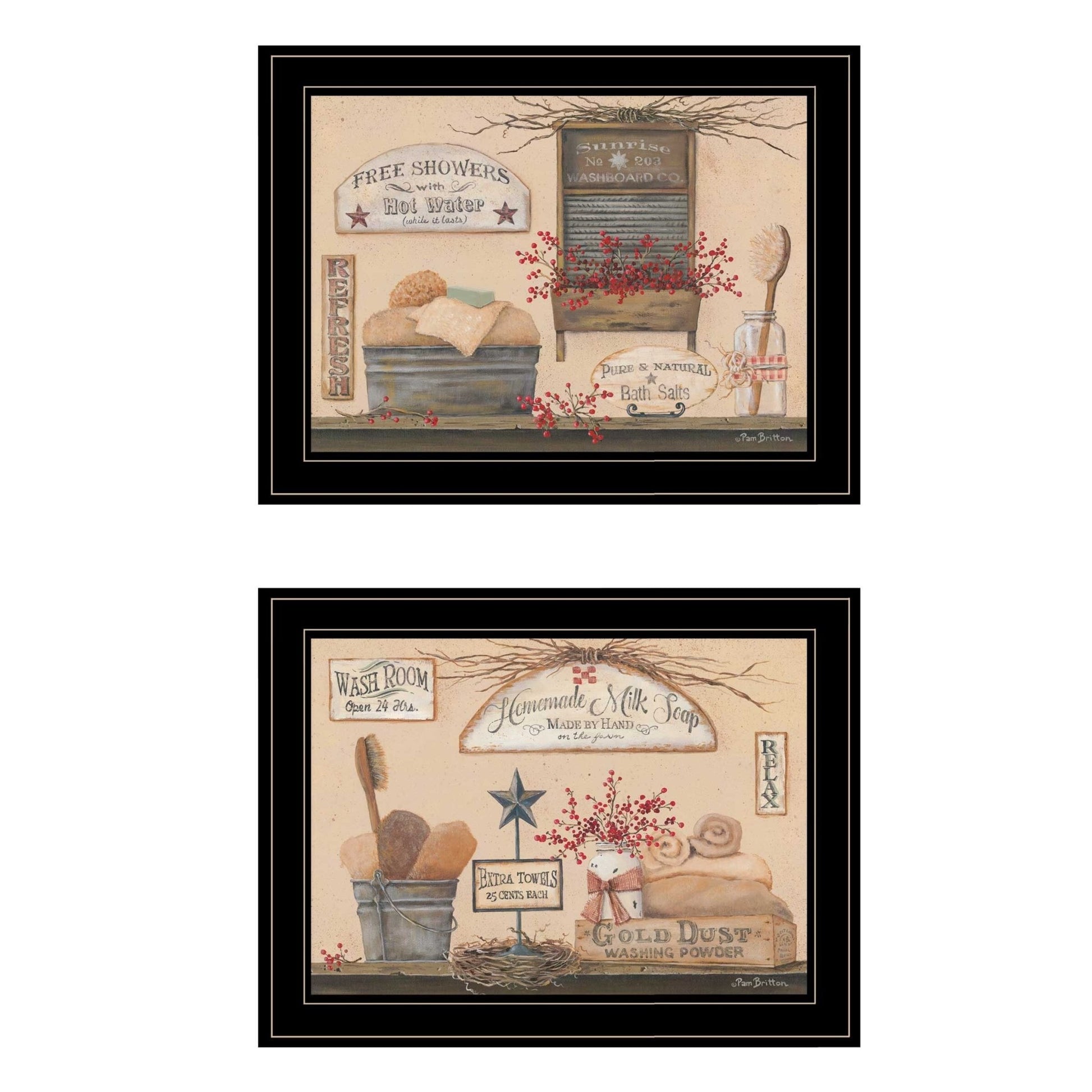 Set Of Two Wash Room 2 Black Framed Print Bathroom Wall Art - Galactic capuchin