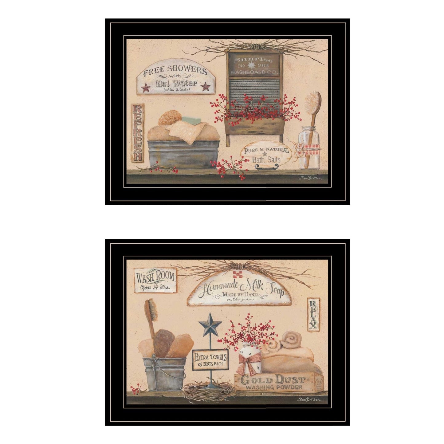 Set Of Two Wash Room 2 Black Framed Print Bathroom Wall Art - Galactic capuchin