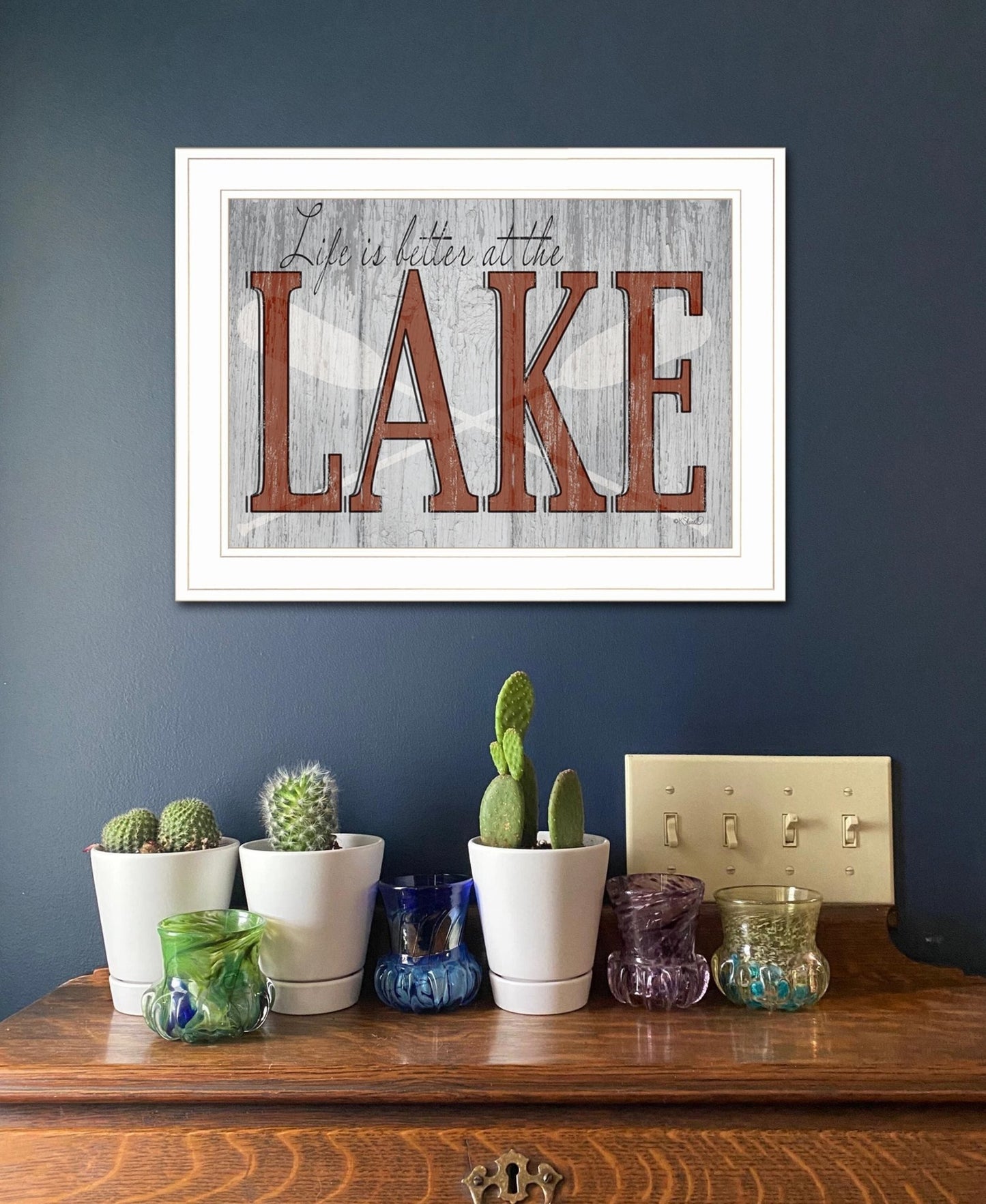 Life is Better at the Lake 1 White Framed Print Wall Art - Galactic capuchin