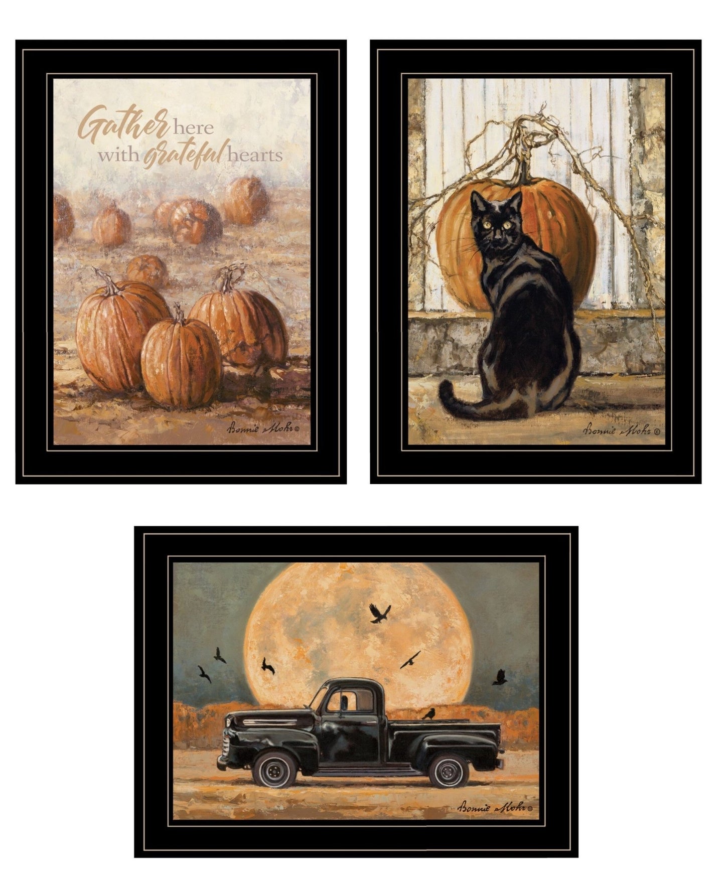 Set Of Three Harvest Moon Black Framed Print Kitchen Wall Art - Galactic capuchin