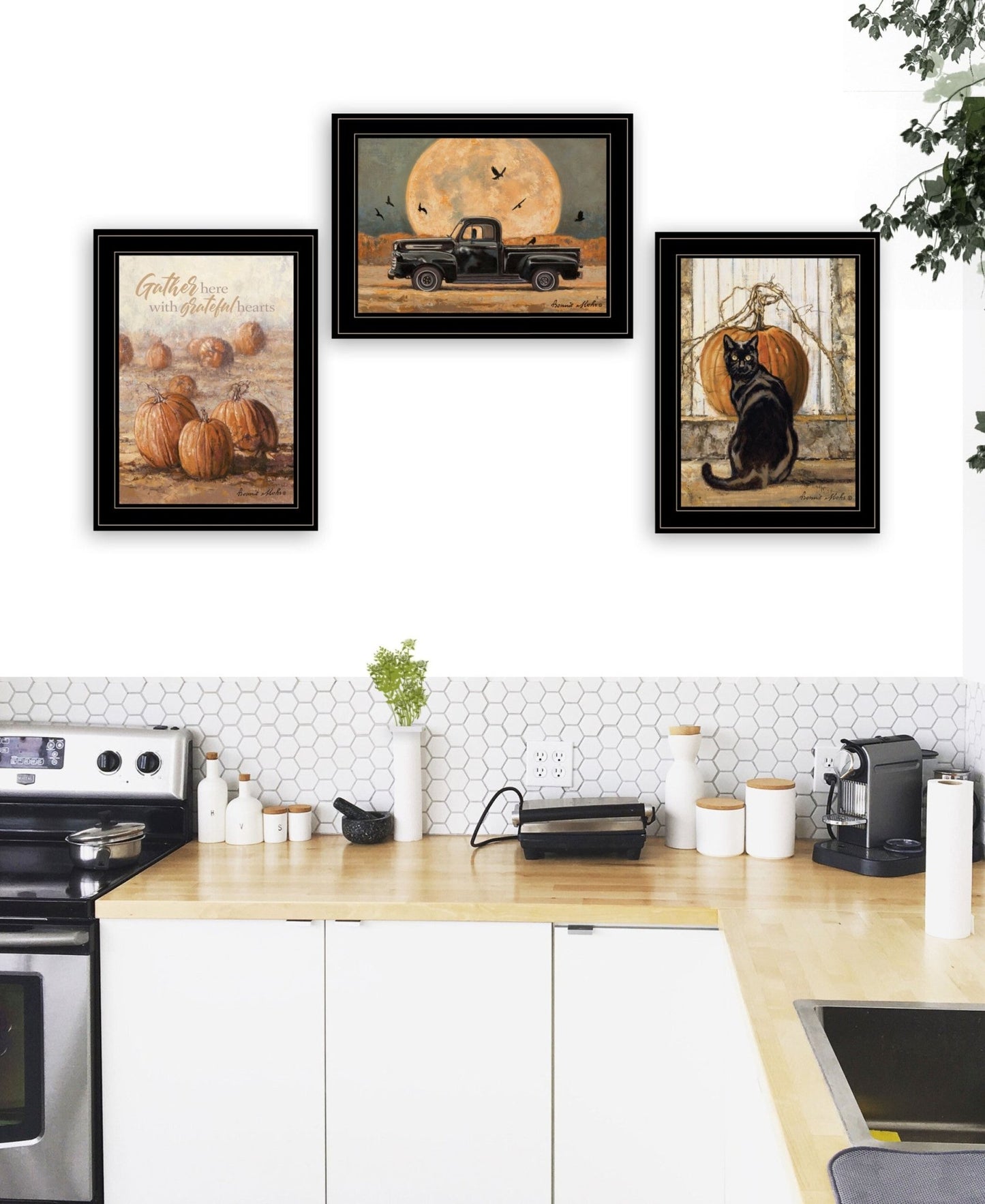 Set Of Three Harvest Moon Black Framed Print Kitchen Wall Art - Galactic capuchin