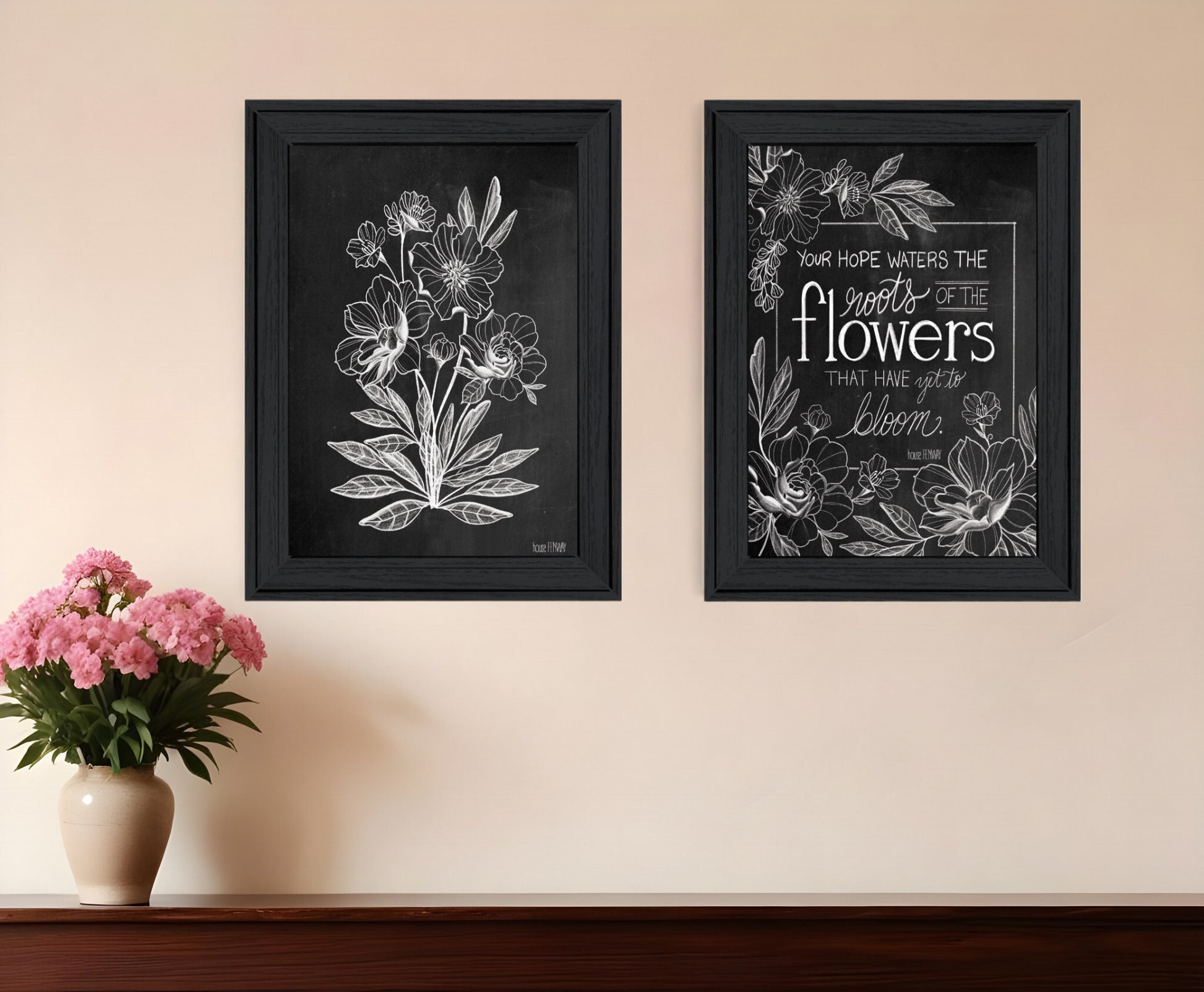 Set Of Two Vintage Chalkboard Blooms Black Framed Print Wall Art - Galactic capuchin