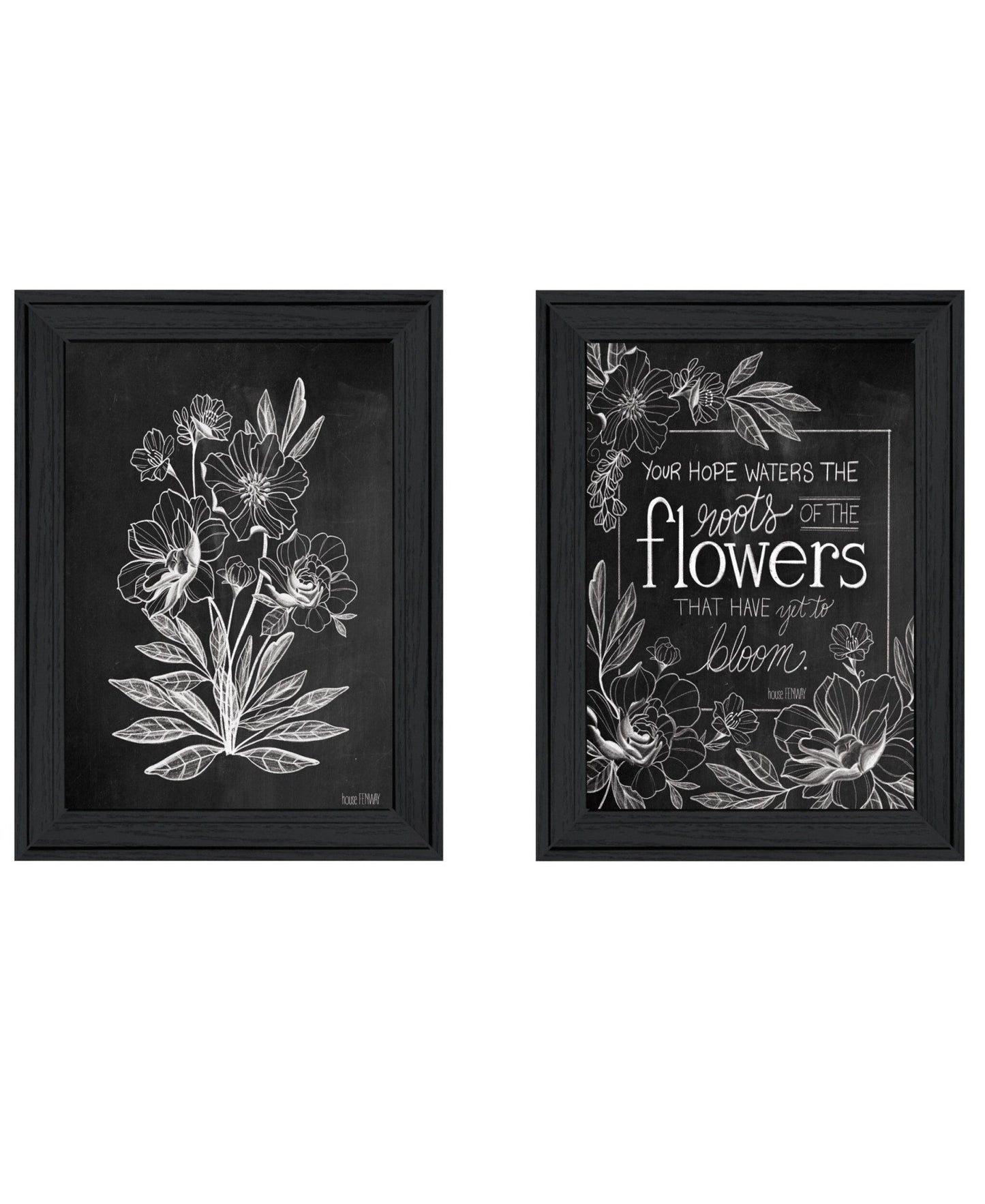 Set Of Two Vintage Chalkboard Blooms Black Framed Print Wall Art - Galactic capuchin