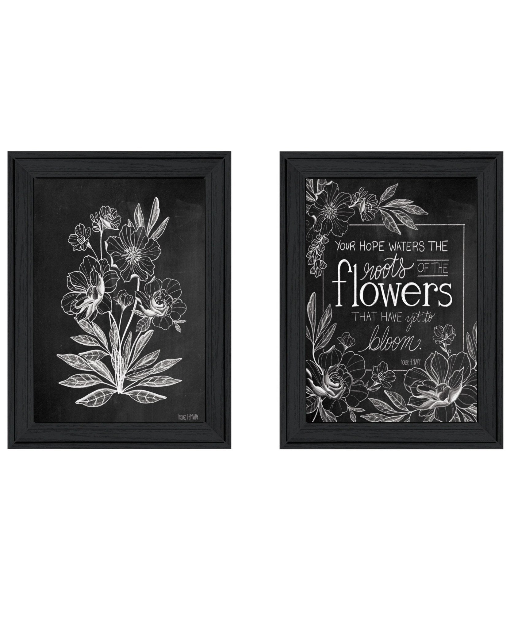 Set Of Two Vintage Chalkboard Blooms Black Framed Print Wall Art - Galactic capuchin